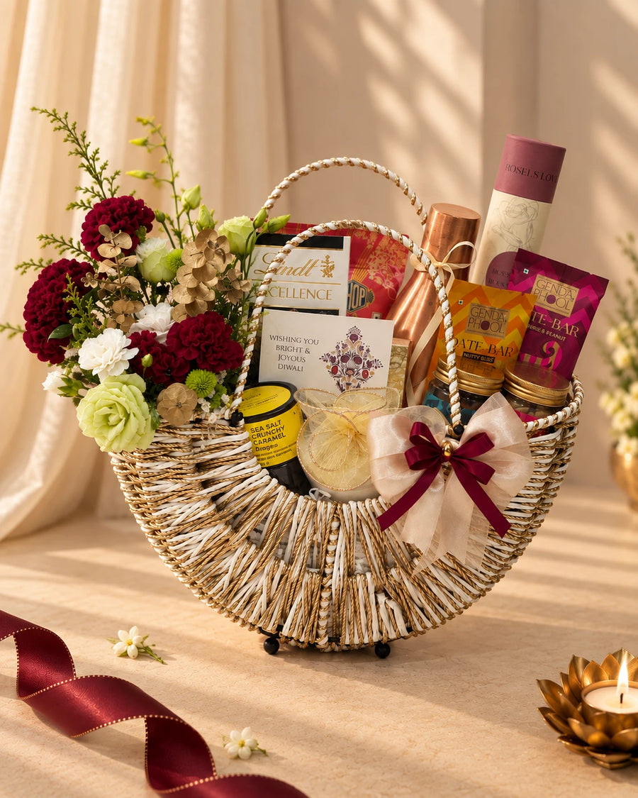 Round woven basket of red and white blooms with a copper bottle, caramel dragees and date bars — Bahaar Diwali gift hamper