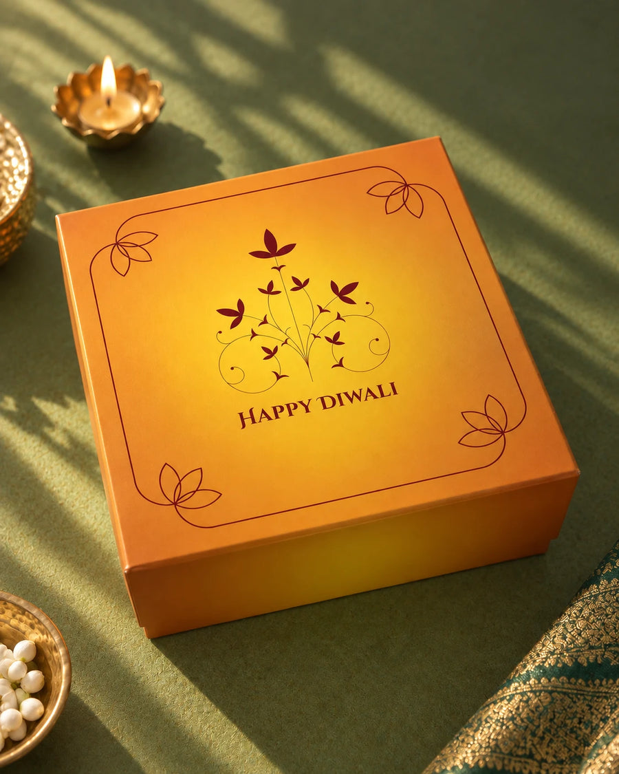 Closed saffron-orange box printed Happy Diwali beside a lit brass diya — Aaradhya Diwali gift hamper